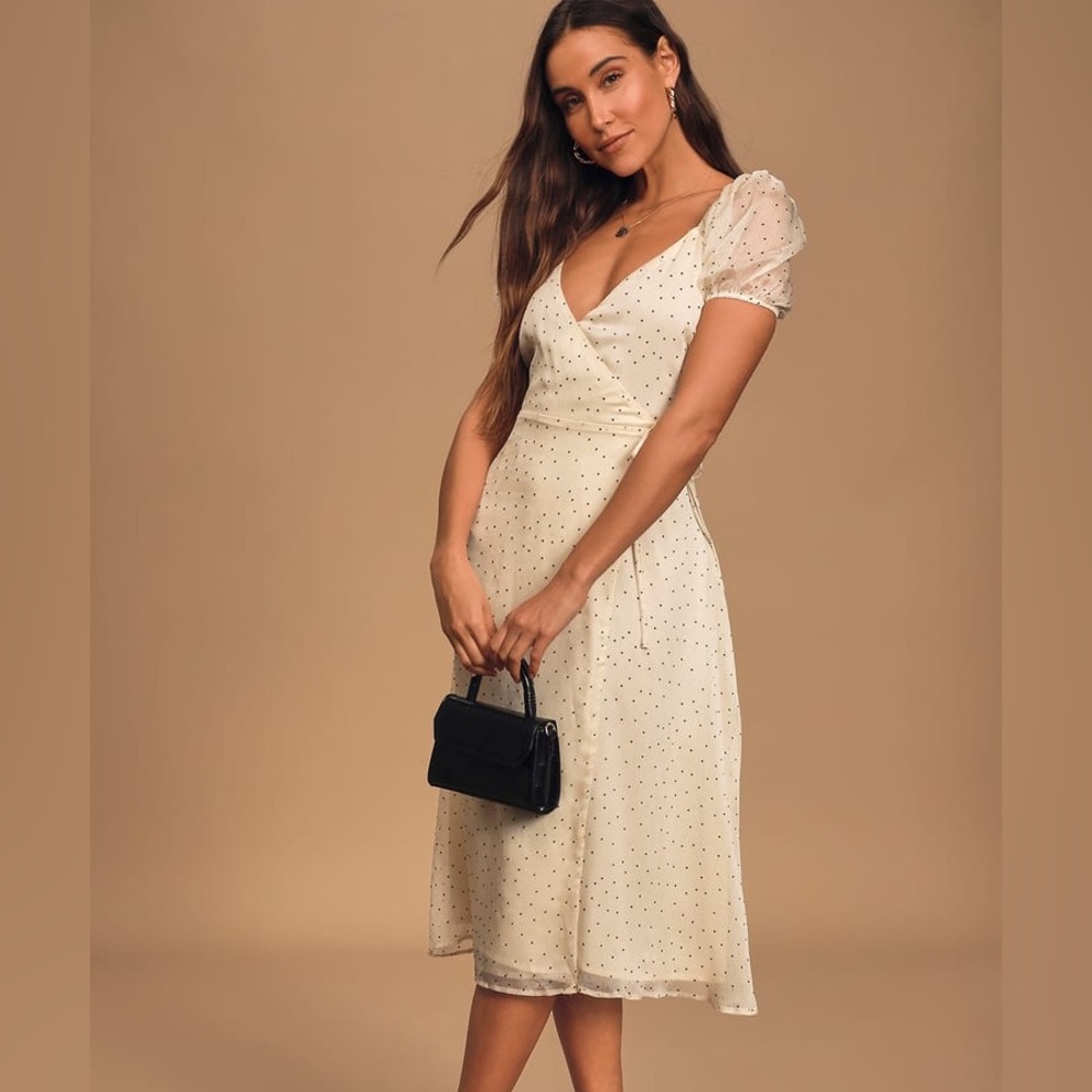 Well Spotted Cream and Black Polka Dot Wrap Midi Dress-Small-New